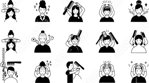 Head massage icons set. Hairdressers massaging clients' scalps, using brushes, combs, and other tools, promoting relaxation and hair health
