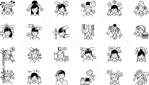 Head massage icons set. Hairdressers massaging clients' scalps, using brushes, combs, and other tools, promoting relaxation and hair health
