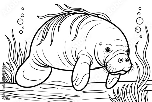 Manatee swimming in underwater plants.
