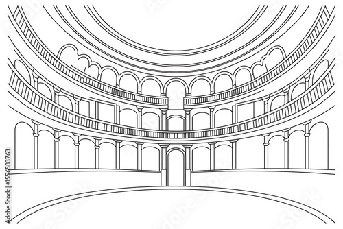 Circular theater interior, multiple levels, arches, and balconies.
