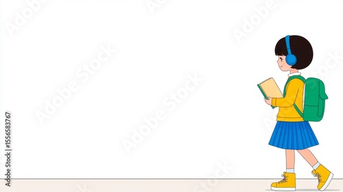 Illustrated postcard of a young schoolgirl with backpack and headphones walking to school, white background with space for text