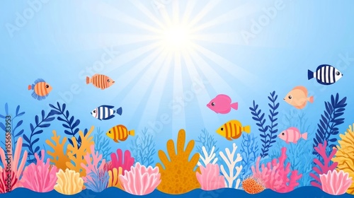 Cross-section of the ocean revealing layered marine zones with coral reefs, sea life, sun rays, and deep-sea creatures in realistic infographic style