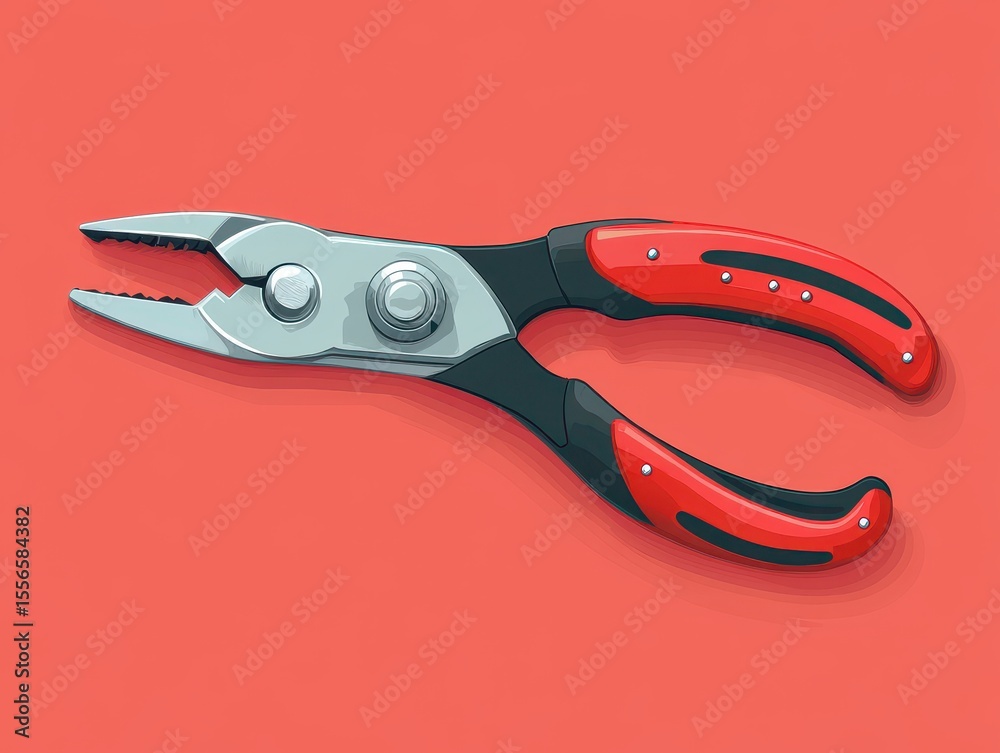 Obraz premium Highly Detailed Illustration of Ergonomic Red and Black Pliers on a Solid Bright Red Background Highlighting Industrial Tool Design