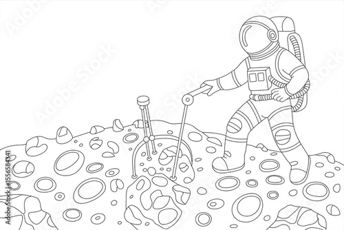 Astronaut explores a cratered lunar landscape.
