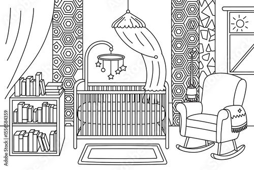 Cozy nursery room with crib, rocking chair, and bookshelves.
