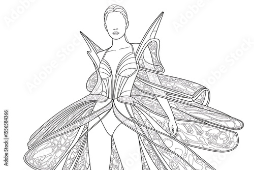 Futuristic, elaborate fashion design; a striking, avant-garde gown.
