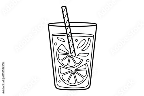 Glass of lemonade with lemon slices and straw.
