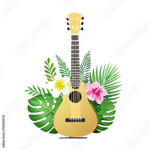 A ukulele with tropical flower decals
