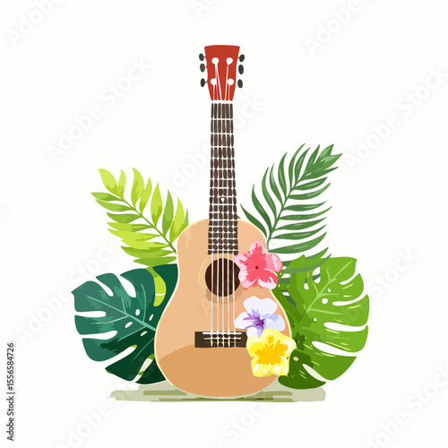 A ukulele with tropical flower decals

