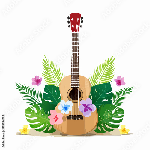 A ukulele with tropical flower decals
