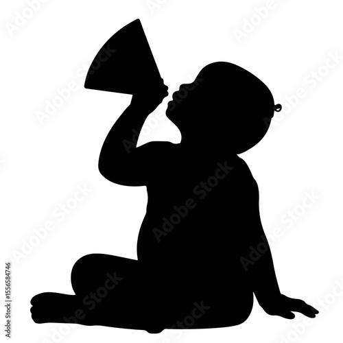 Silhouette of a child enjoying summer sun while fanning themself, black and white on white background, concept of outdoor play and enjoyment.