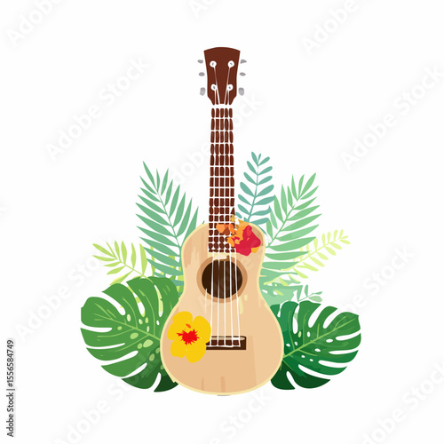 A ukulele with tropical flower decals
