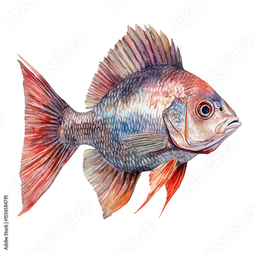 watercolor of Tilapia Close Up, vector, isolated on a white background.