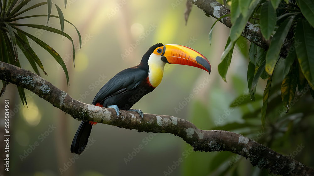 Fototapeta premium Toucan perched on branch in lush jungle. 