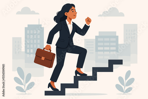 Ambitious businesswoman climbing stairs to career success with briefcase, professional growth, leadership, corporate achievement, empowerment, ambition, city office background, vector illustration
