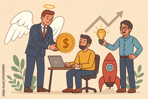 Angel investor funding startup entrepreneurs. Business investment, venture capital, innovation support. Cartoon vector. Mentor with wings, money, lightbulb idea, rocket, growth, teamwork, technology