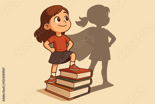 Confident ambitious girl standing on stack of books with superhero shadow, concept of childhood dreams, education empowerment, self-esteem, imagination, success, vector cartoon illustration