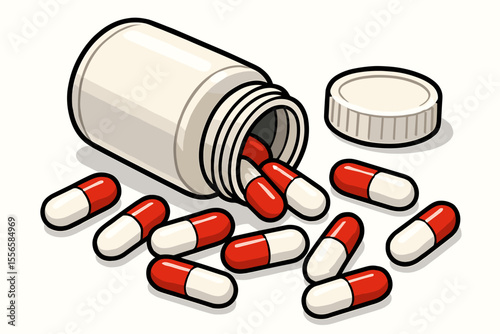 Red and White Antibiotic Capsules Spilling from Open Medicine Bottle on White Background. Vector Cartoon Illustration of Prescription Pills, Pharmacy, Healthcare, Medication, Pharmaceutical Concept