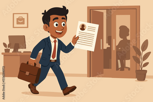 Professional job seeker in business suit holding resume entering office for interview, career opportunity, recruitment, human resources, employment process, modern workplace vector illustration