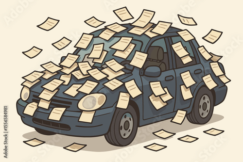 Cartoon car overwhelmed by parking tickets, traffic violation fines, penalty notices, law enforcement, vehicle infractions, city parking issues, urban transportation problems, vector illustration