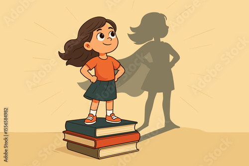 Confident ambitious girl standing on stack of books with superhero shadow, education empowerment, childhood dreams, self esteem, motivation, success, inspirational vector cartoon illustration