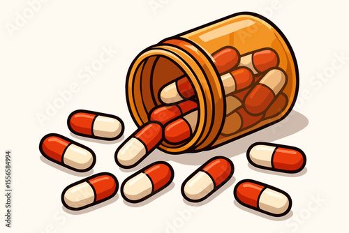 Red and White Antibiotic Capsules Spilling from Amber Prescription Bottle, Isolated on White Background, Healthcare Medication Concept, Vector Cartoon Illustration, Pharmacy Drug Design