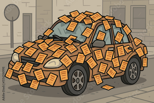 Cartoon car completely covered in parking tickets, traffic violation fines, penalty notices, city street, urban problem, illegal parking, vector illustration, humorous concept, law enforcement