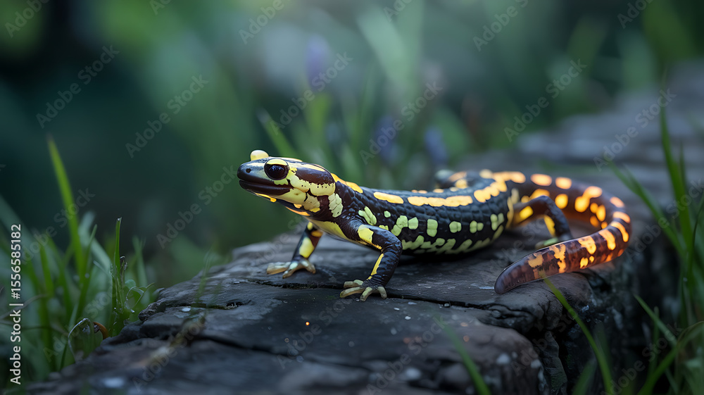 Naklejka premium A salamander with vibrant yellow and black markings. 