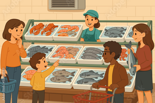 Diverse group of customers shopping for fresh seafood at grocery store fish market. Cartoon vector illustration of people choosing fish, shrimp, lobster, shellfish at seafood counter display.