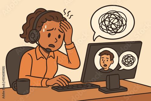 Stressed customer service representative struggling with difficult client communication. Frustrated call center agent cartoon. Overwhelmed support worker. Workplace stress. Vector illustration.