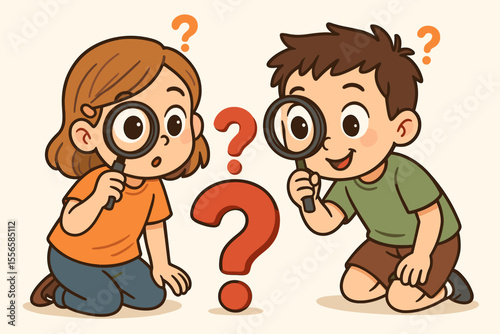 Curious children exploring with magnifying glass and question marks. Cartoon kids investigating, searching, learning, discovery, curiosity, education, science concept. Vector illustration