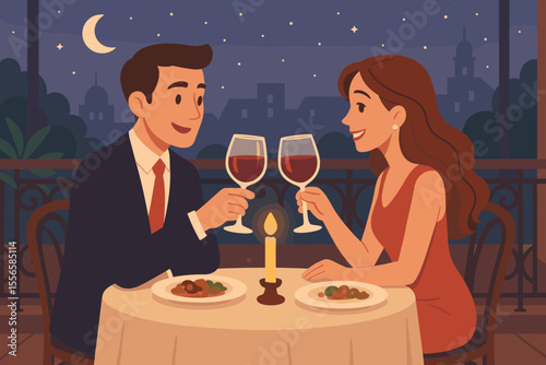 Romantic couple toasting wine glasses at candlelit restaurant terrace dinner date, elegant evening, cityscape night, love celebration, vector illustration, relationship romance concept