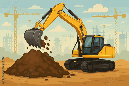 Cartoon construction site with yellow excavator digging soil, raised shovel, dirt pile, cranes, city buildings, industrial machinery, urban development, vector illustration, no text