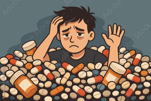 Overwhelmed Patient Drowning in Pills and Medication Bottles. Mental Health Crisis Concept. Addiction, Overmedication, Anxiety, Depression. Vector Illustration for Healthcare and Pharmacy Issues.
