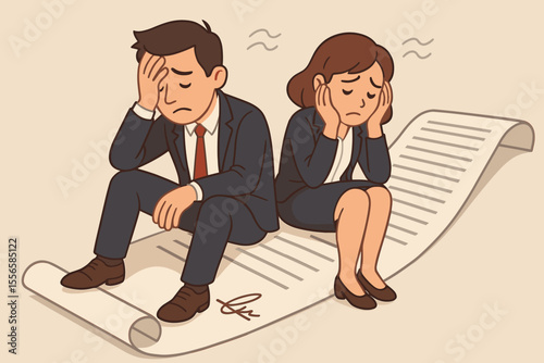 Stressed business people overwhelmed by long contract. Businessman and businesswoman in suits sitting on lengthy legal document, anxiety, burnout, workplace stress, corporate overload concept