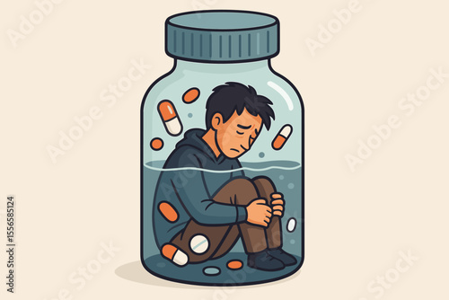 Depression addiction concept. Sad man trapped inside pill bottle. Mental health crisis. Substance abuse. Medication dependency. Anxiety stress metaphor. Vector cartoon illustration isolated.
