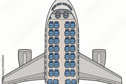 Detailed airplane seat map vector illustration. Top view aircraft seating chart, passenger cabin layout, airline travel interior, commercial jet seats arrangement. No text. Editable cartoon graphic