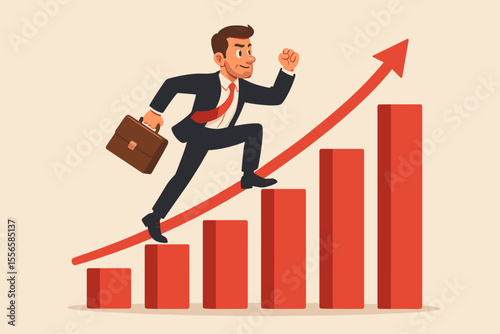 Ambitious businessman climbing rising bar graph. Success, career growth, business progress, leadership, achievement, financial increase, upward trend, motivation, vector illustration concept