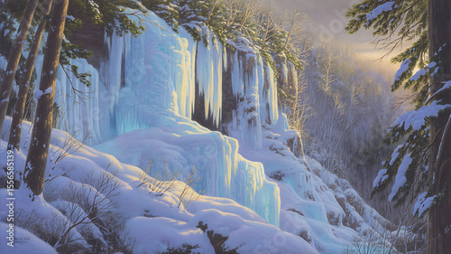 Frozen waterfall cascading down snowy mountainside.
