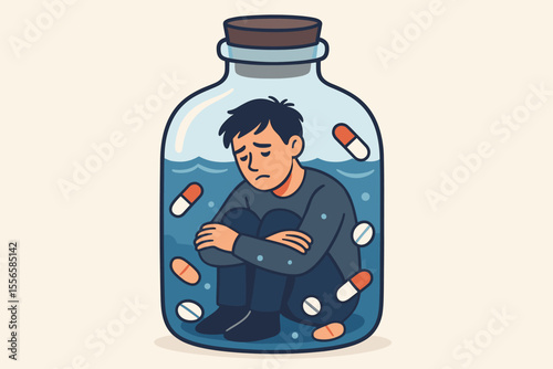 Depression addiction metaphor. Sad man trapped in glass bottle surrounded by pills. Mental health crisis. Substance abuse, medication dependence, anxiety, isolation. Vector illustration concept