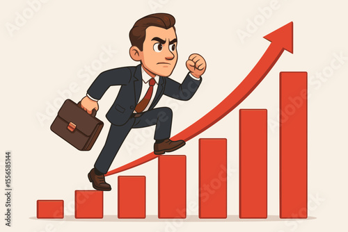 Ambitious businessman climbing rising bar graph with briefcase. Success, growth, achievement, career progress, leadership, financial upward trend. Cartoon vector illustration for business concept