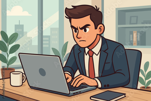 Focused business professional working on laptop at modern office desk. Vector illustration of office worker in suit and tie, workplace with plants, coffee mug, city view, productivity concept
