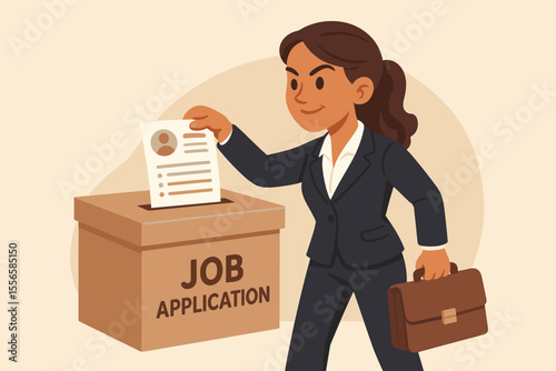 Confident businesswoman in formal suit submitting job application and resume, career opportunity search, recruitment process, employment concept, professional woman with briefcase, vector illustration