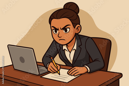 Focused businesswoman working at desk with laptop and paperwork, writing notes, multitasking, time management, productivity, professional office environment, vector cartoon illustration