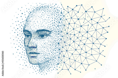 Abstract neural network connections and digital transformation concept. Vector illustration of artificial intelligence, big data, machine learning, technology particles, network nodes, data science