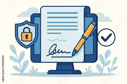 Secure digital smart contract and electronic signature technology concept. Online document signing, privacy protection, legal agreement, cybersecurity, authentication, cartoon vector illustration