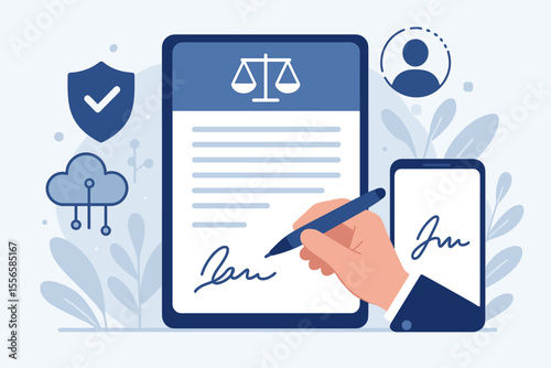 Secure Digital Smart Contract Signing and Electronic Signature Authorization. Legal Document Verification, Cloud Storage, Data Protection, Online Identity Authentication, Mobile Technology Concept