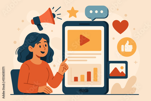 Social Media Marketing Strategy Vector Illustration. Woman Creating Engaging Online Content, Video, Analytics, Likes, Communication, Digital Promotion, Influencer, Branding, Mobile Interface