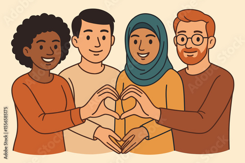 Diversity inclusion unity group people heart hands multicultural friendship teamwork support community togetherness harmony acceptance peace love vector illustration cartoon concept