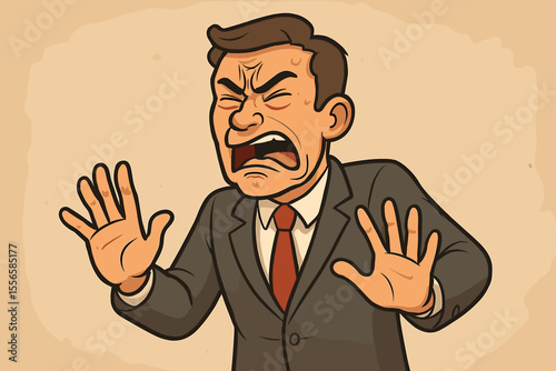 Cartoon businessman in suit showing strong aversion, disapproval, and rejection with hands raised, expressing negative reaction, discomfort, and refusal in unpleasant situation. Vector illustration